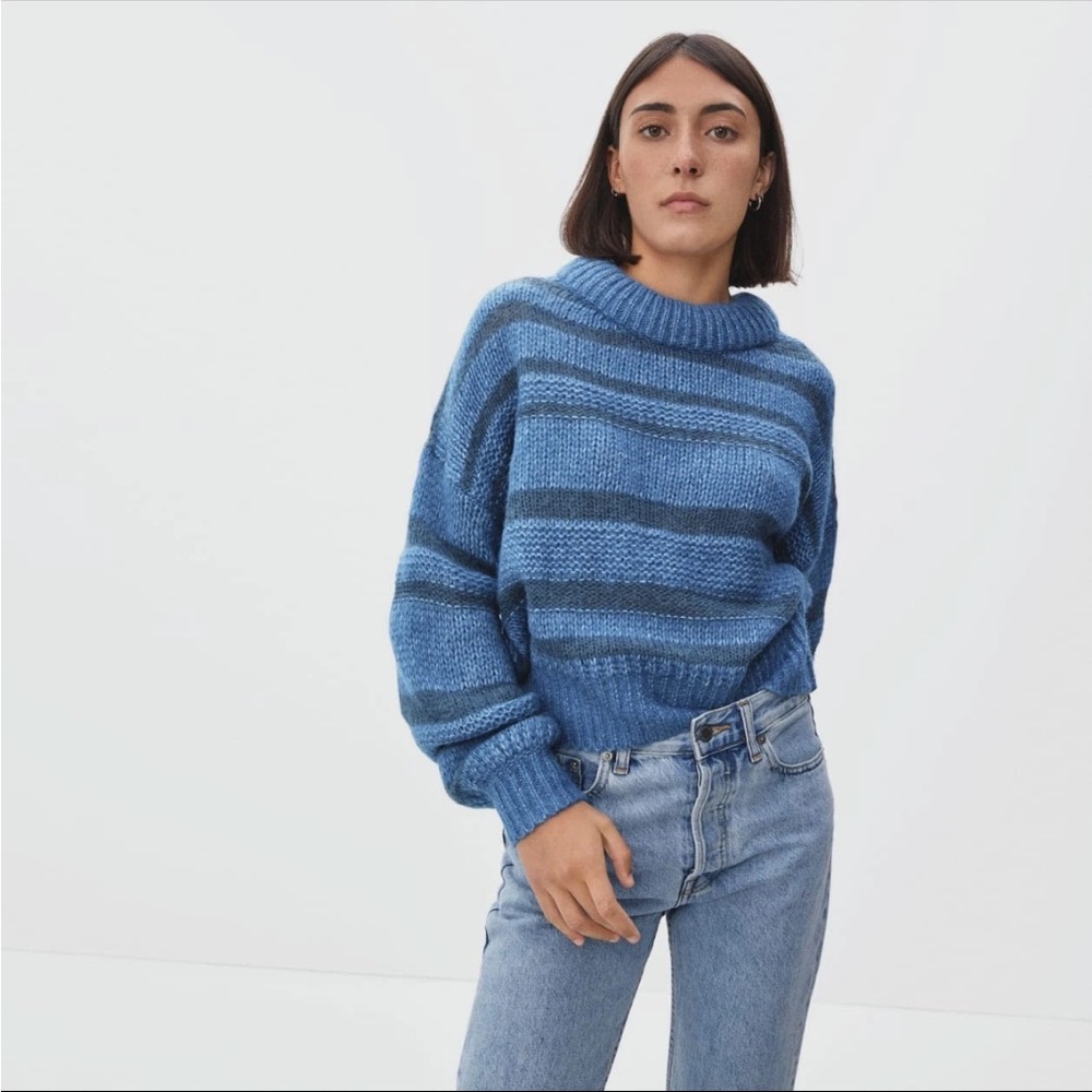 EVERLANE The Puff Sweater Wool Blend Blue Gray Striped Open Knit Size XS